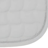 New gallop dressage saddle pad in white quilted fabric with silver stitching features contoured spine and anti-rub girth pad