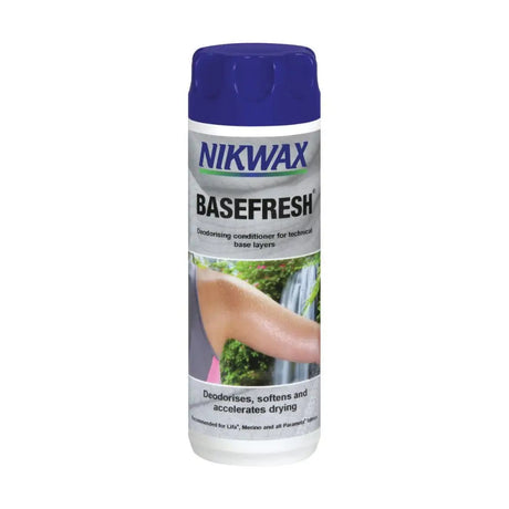 Nikwax basefresh deodorising conditioner in white bottle with blue cap cleans synthetic technical underwear baselayers effectively