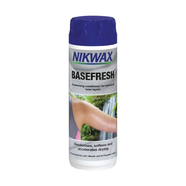 Nikwax basefresh deodorising conditioner in white bottle with blue cap cleans synthetic technical underwear baselayers effectively