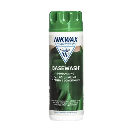 Green and white nikwax basewash spray bottle for deodorising cleaner and conditioner for synthetic technical underwear