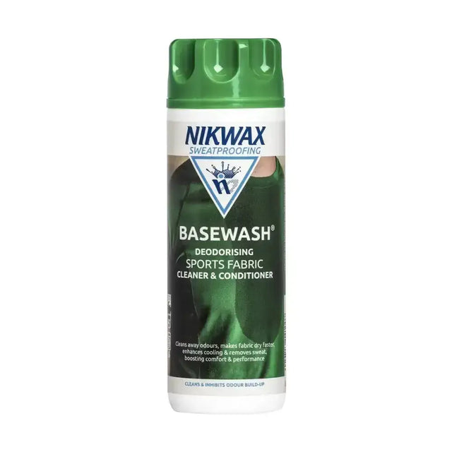 Green and white nikwax basewash spray bottle for deodorising cleaner and conditioner for synthetic technical underwear
