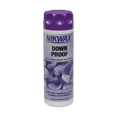 Purple-capped nikwax down proof wash-in waterproofer adds water-repellency to down-filled sleeping bags