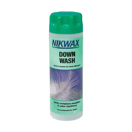 Nikwax down wash direct is a green and white bottle with a textured cap and a non-detergent wash-in cleaner for down gear