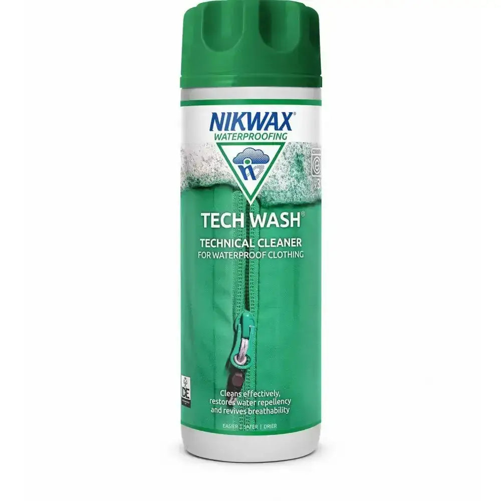 Green nikwax tech wash is a high performance wash spray for durable water repellency and reducing weight gain on waterproof clothing