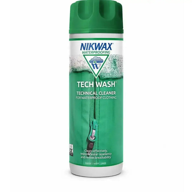 Green nikwax tech wash is a high performance wash spray for durable water repellency and reducing weight gain on waterproof clothing