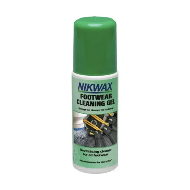 Green-capped nikwax footwear cleaning gel in a white bottle with sponge-on revitalising cleaner for all footwear