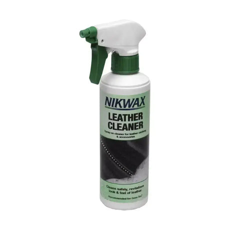 White and green spray bottle of nikwax leather cleaner non-detergent perfect for cleaning horse tack and leather gear