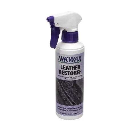 White plastic spray bottle with purple trigger of nikwax leather restorer non-aerosol spray for leather conditioners