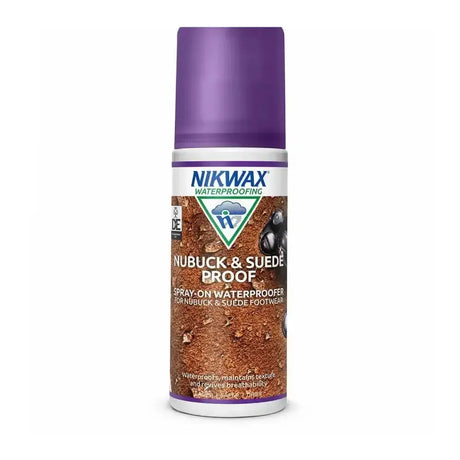 Purple-capped nikwax nubuck proof spray-on waterproofer for walking boots and nubuck roofing spray protection