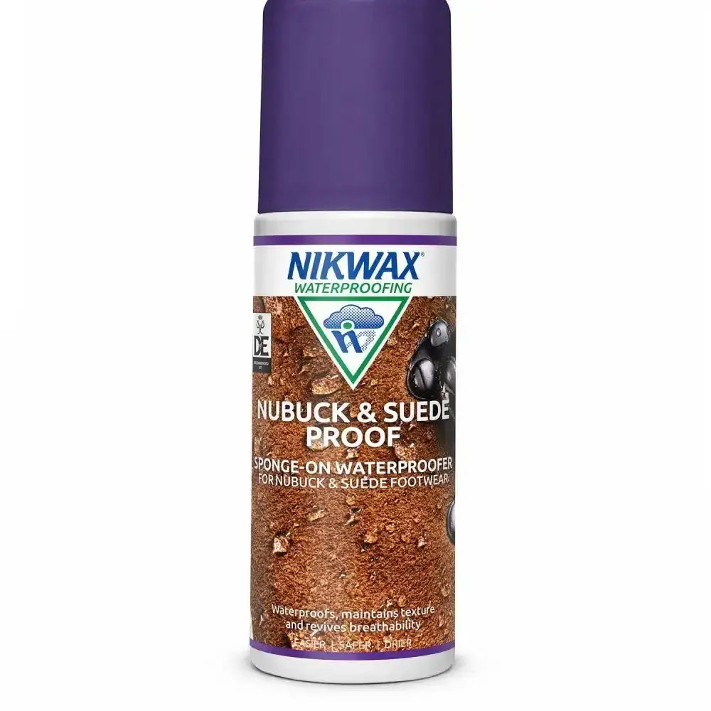 Purple-capped nikwax nubuck sponge-on waterproofing spray for suede leathers and nubuck footwear protection