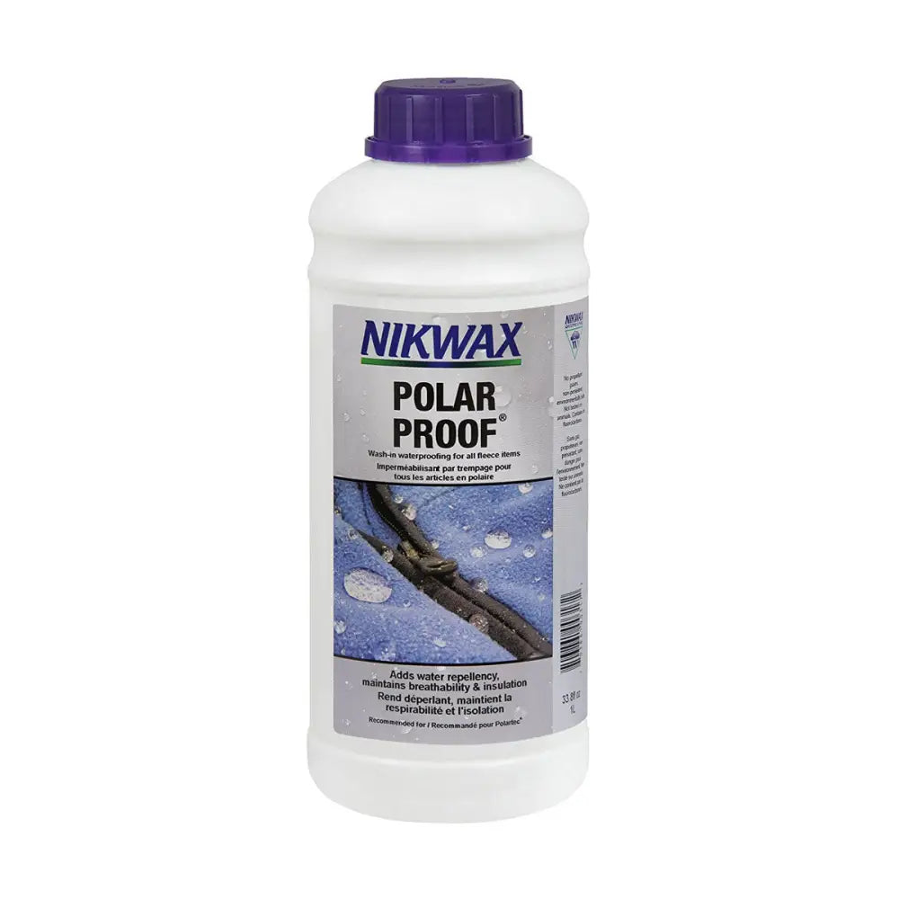 White plastic bottle with purple cap labeled nikwax polar proof wash-in water proofer for outdoor gear waterproofing