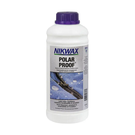 White plastic bottle with purple cap labeled nikwax polar proof wash-in water proofer for outdoor gear waterproofing