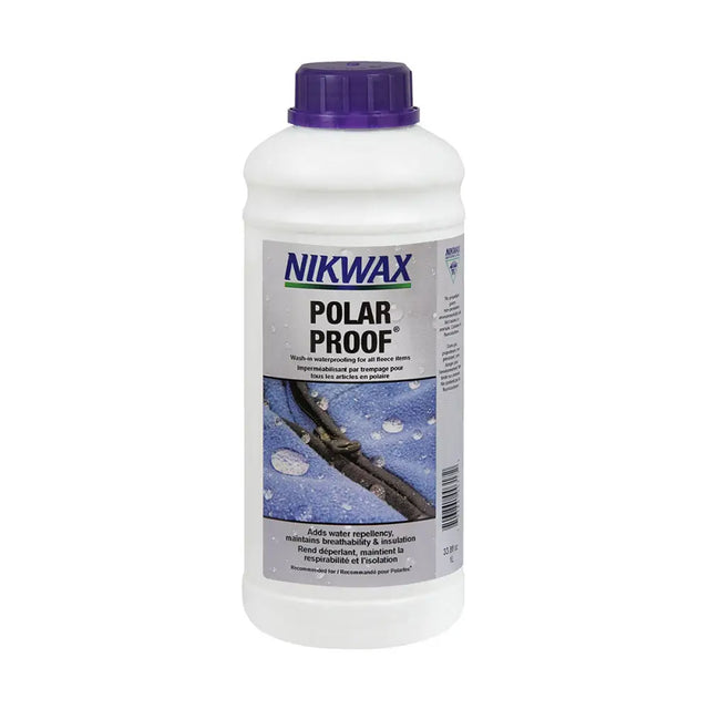 White plastic bottle with purple cap labeled nikwax polar proof wash-in water proofer for outdoor gear waterproofing