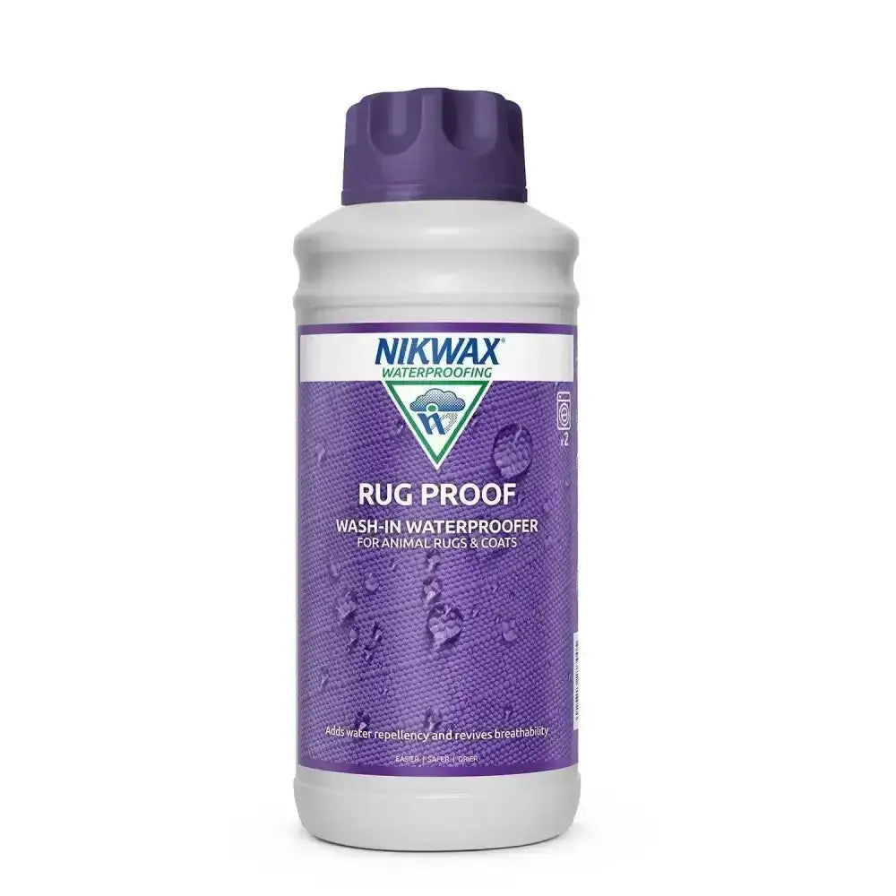 Purple and white nikwax rug proofing wash-in waterproofer bottle with purple cap for effective rug proofing