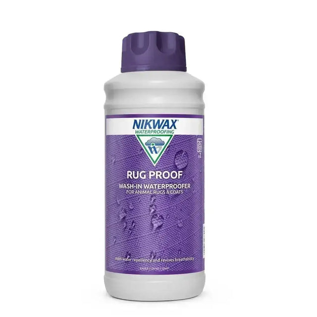 Purple and white nikwax rug proofing wash-in waterproofer bottle with purple cap for effective rug proofing