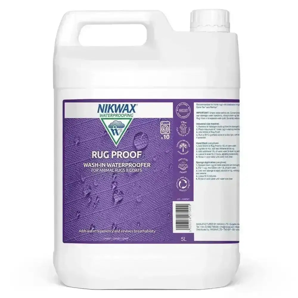 White plastic jug with purple label of nikwax rug proofing waterproofing wash-in for animal rugs and coats