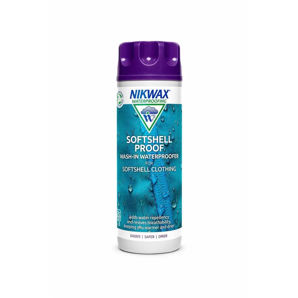 Nikwax softshell waterproofing 300ml wash-in waterproofing in a teal bottle with purple cap for softshell gear