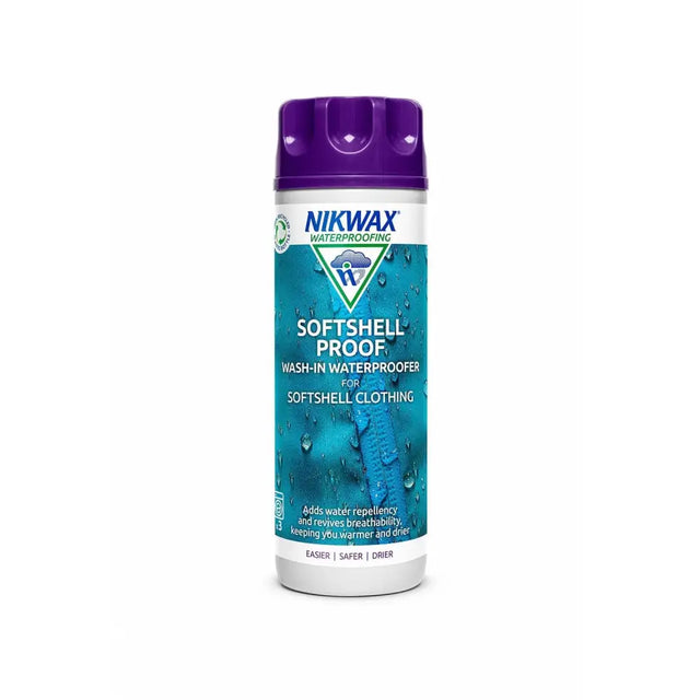 Nikwax softshell waterproofing 300ml wash-in waterproofing in a teal bottle with purple cap for softshell gear