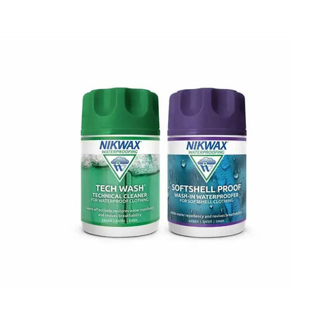 Two nikwax tech wash softshell proof twin pack bottles with green and purple lids for waterproof cleaning and proofing