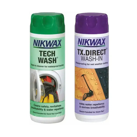 Two nikwax tech wash and tx direct wash bottles with green and purple caps for wet weather clothing care twin pack