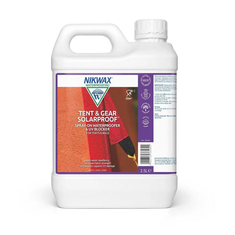 White plastic jug of nikwax tent and gear solarproof water-based waterproofing spray for tents and bags