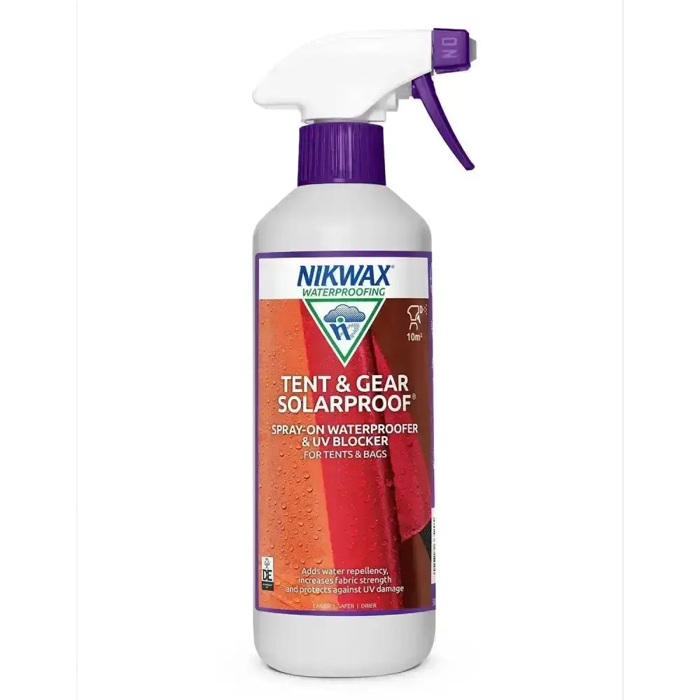 White plastic spray bottle with purple cap nikwax tent & gear solarproof water-based waterproofing for tents and bags