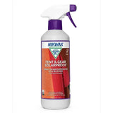White plastic spray bottle with purple cap nikwax tent & gear solarproof water-based waterproofing for tents and bags