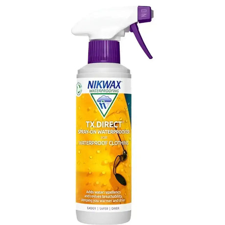 Nikwax tx direct spray on waterproofer in white and purple can for waterproof clothing and wicking liners