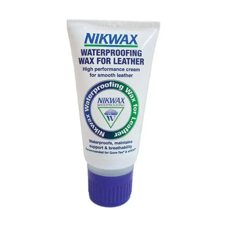 White tube of nikwax waterproofing wax with purple cap for high performance waterproofing and leather care