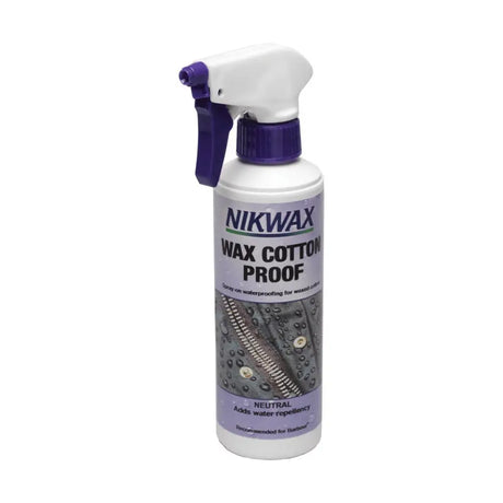 White nikwax wax cotton non-aerosol spray bottle with purple trigger for waterproofing waxed cotton fabric