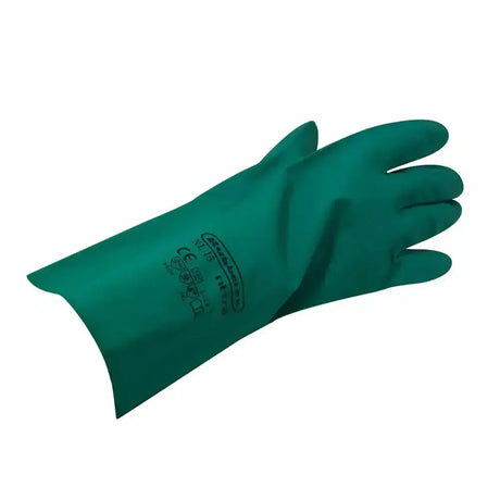 Green nitrile gauntlet gloves with smooth, durable surface and reinforced wrist, lightweight and flock lined