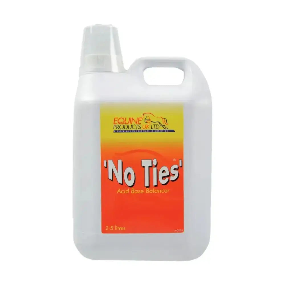 White plastic jug with handle and cap labeled no ties acid base balancer by equine products uk ltd for lactic acid build and muscle supplements