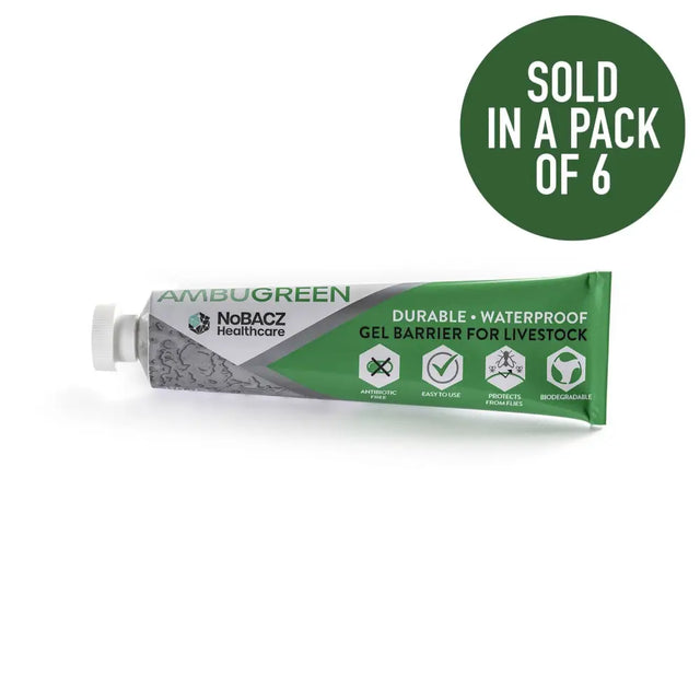 Green and silver tube of nobacz ambugreen gel barrier for livestock showing the back side of ambugreen gel packaging