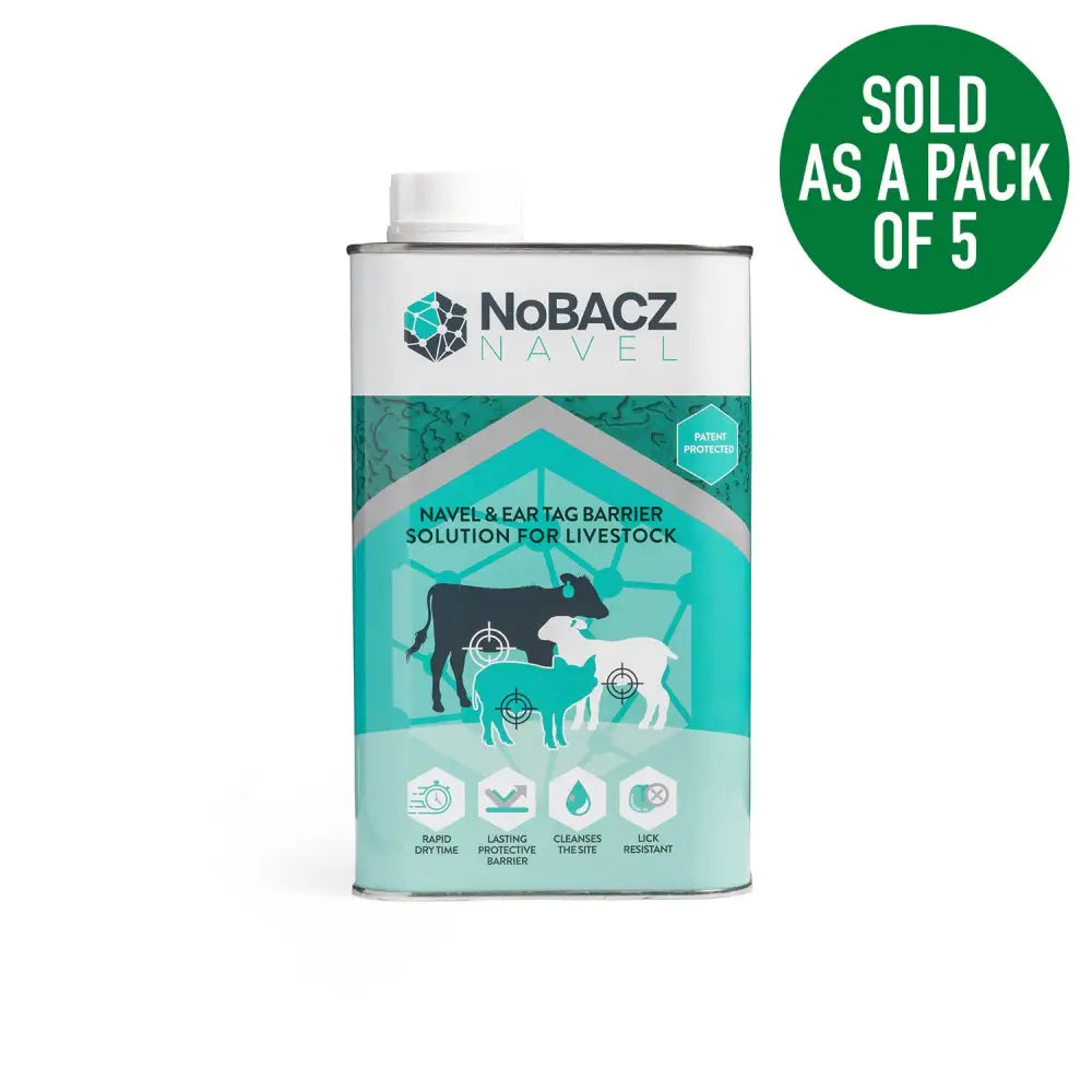 Teal and white metal can of nobacz navel barrier solution with bitter ingredient for navel protection in livestock