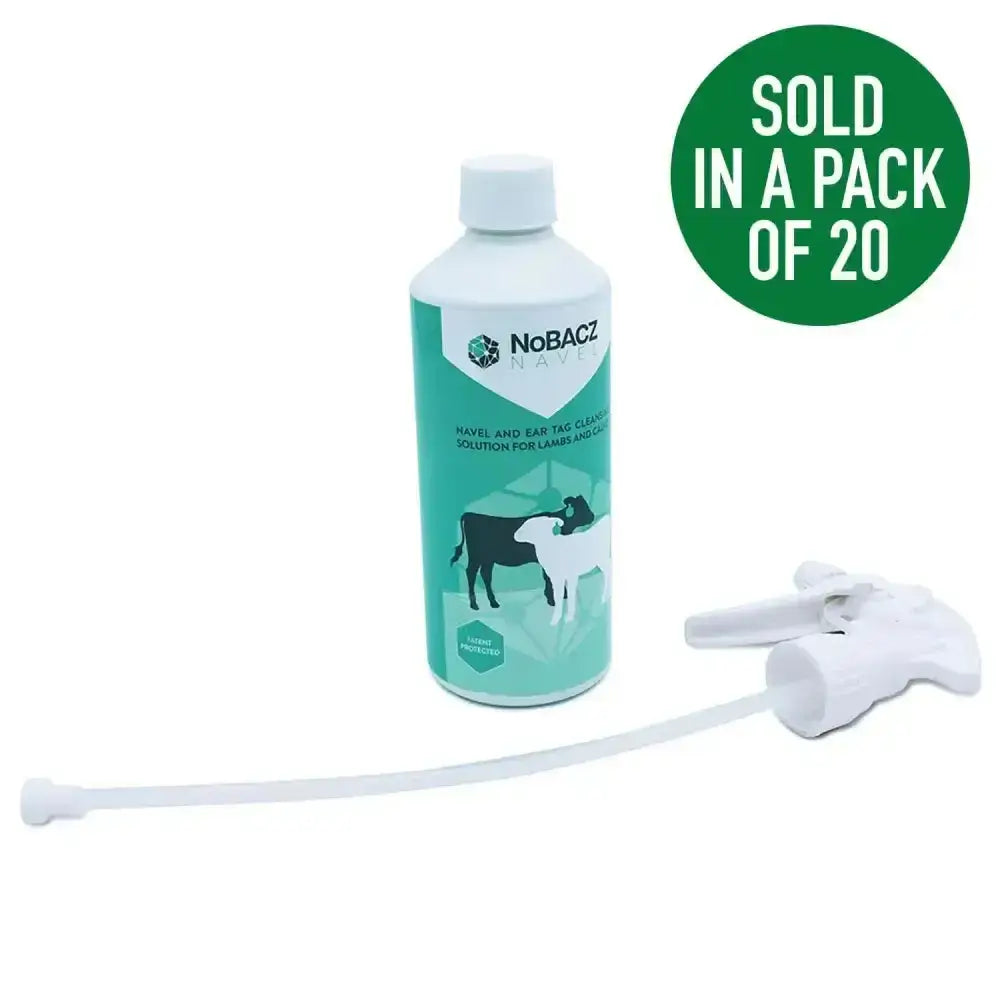 White plastic bottle with teal nobacz navel dip label featuring cow illustrations for lamb and calf cleaning