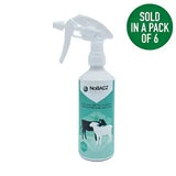 White plastic spray bottle with teal label and black and white cow illustrations branded as nobacz navel dip