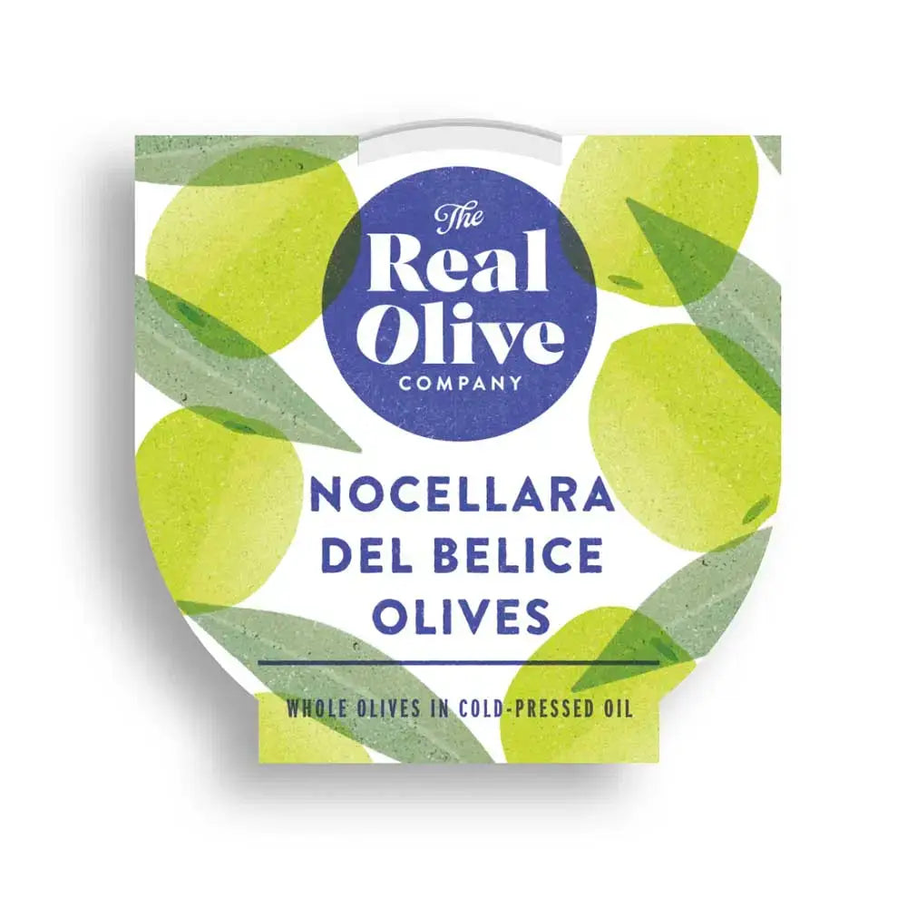 The real olive company nocellara del belice whole olives in cold-pressed oil in white container with green olive design