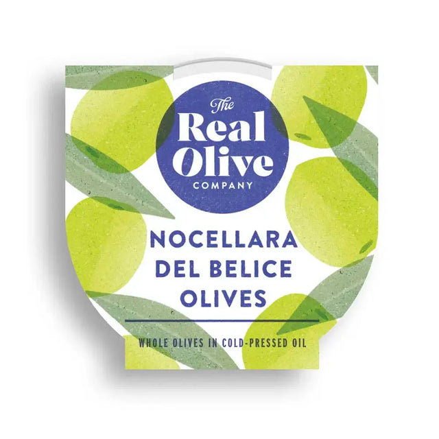 The real olive company nocellara del belice whole olives in cold-pressed oil in white container with green olive design