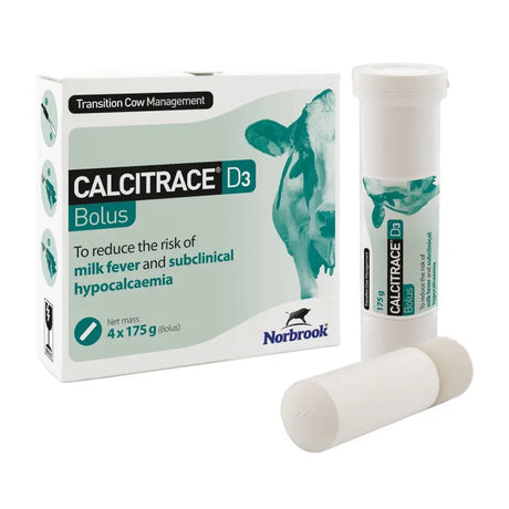 White cylindrical calcium supplement tubes with teal and black norbrook calcitrace d3 bolus for long lasting oral supplement