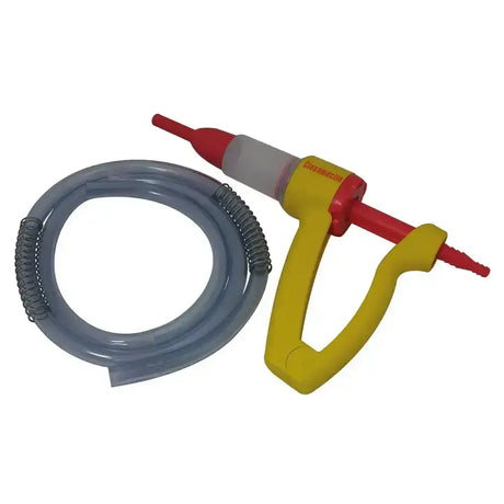 Yellow and red norbrook closamectin pour-on applicator gun with coiled gray flexible hose for easy dosing