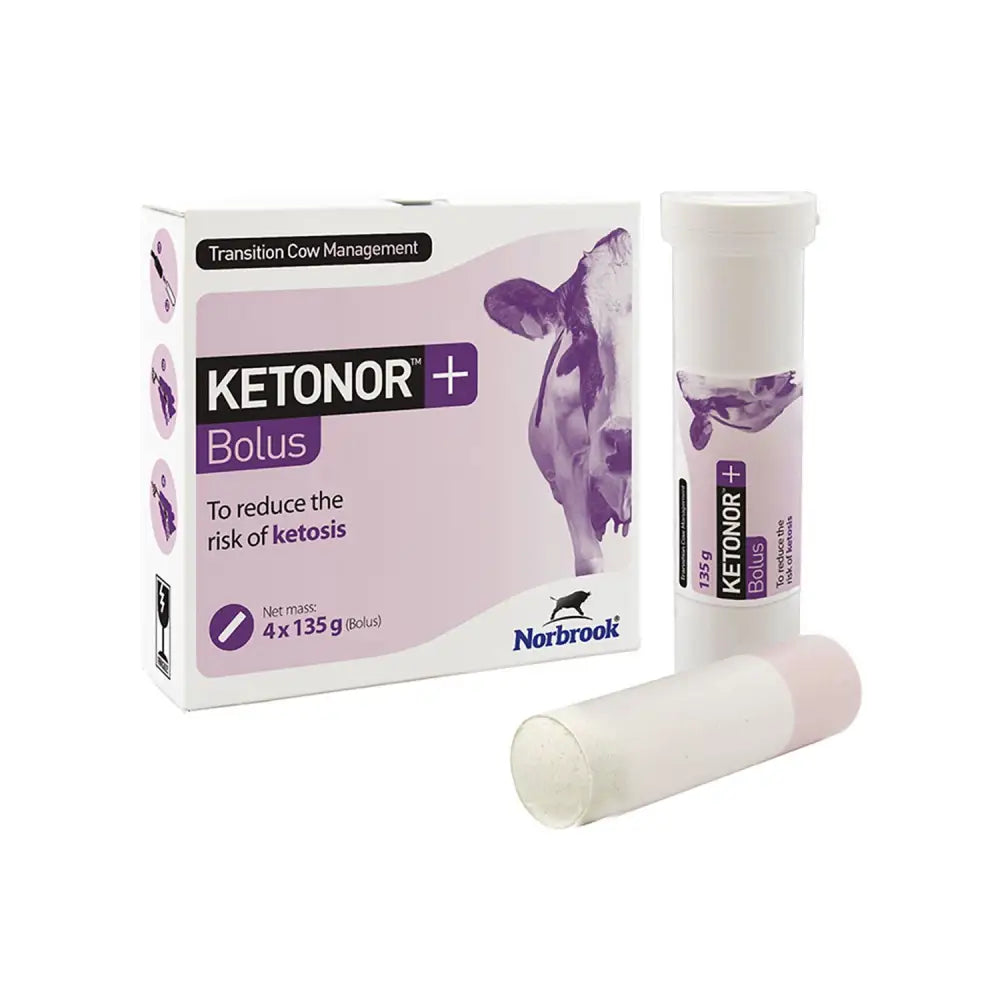 Purple and white cardboard box with a cow illustration containing Norbrook Ketonor+ bolus tubes with slow release cobalt and glucogenic energy sources