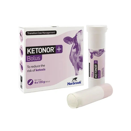 Purple and white cardboard box with cow illustration containing norbrook ketonor+ bolus tubes with slow release cobalt