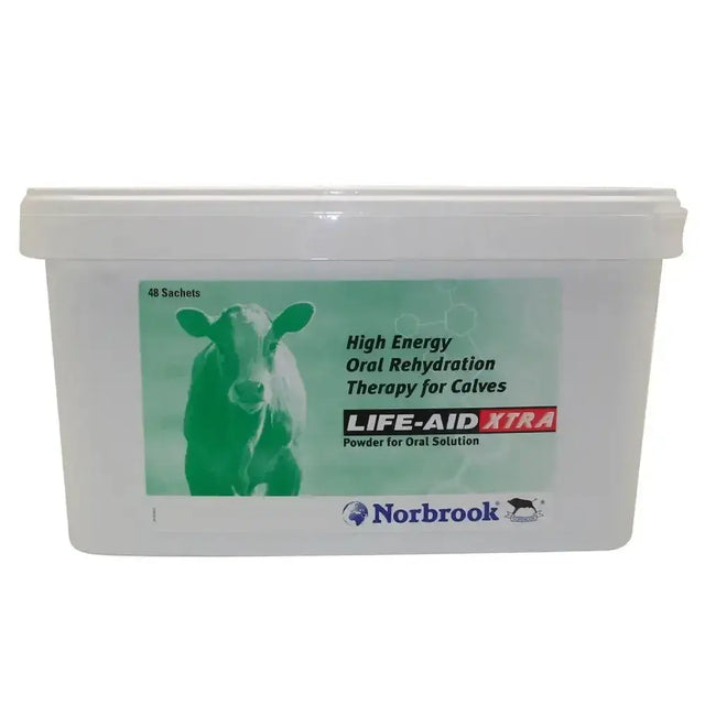 White plastic container of norbrook life-aid xtra powder oral rehydration product for high energy calf hydration