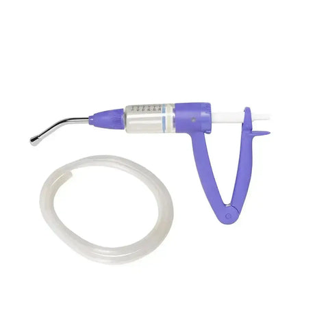 Purple norbrook noromectin drench gun applicator with clear barrel, curved metal tip, and coiled transparent tube