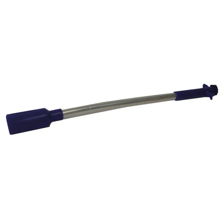 Blue plastic-handled ice scraper with metallic shaft shown with norbrook opti-mag specially designed bolus applicator metal administer