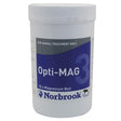 White plastic container with blue and gray norbrook opti-mag label holding 10 magnesium boluses for cattle high risk periods