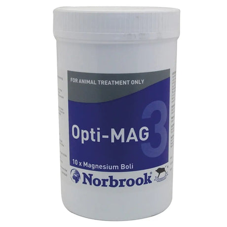 White plastic container with blue and gray norbrook opti-mag label holding 10 magnesium boluses for cattle high risk periods