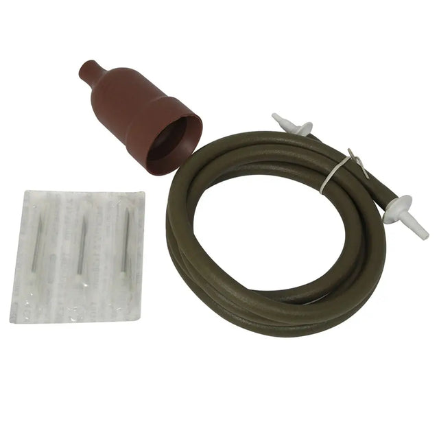 Brown rubber bulb with white plastic connectors and olive green hose for norbrook quick fit flutter valve dual purpose use