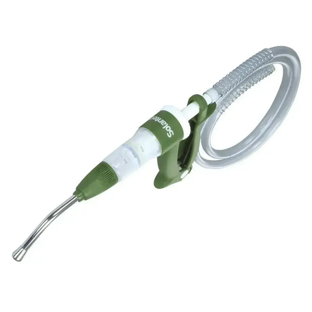 Green and white solander manual fuel pump with clear flexible hose for norbrook solantel drenching gun use