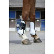 White and black norton coloured tendon boots with flexible outer shell and sleek padded design for horse leg protection